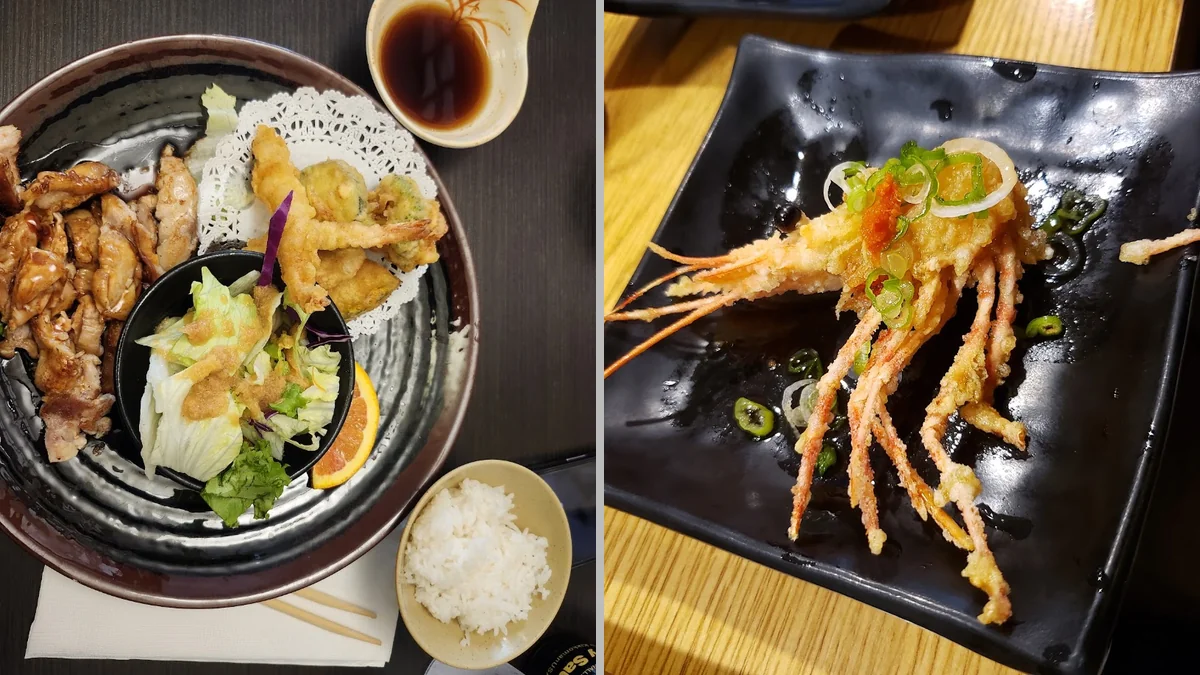 Small plates and sushi on white dishes.