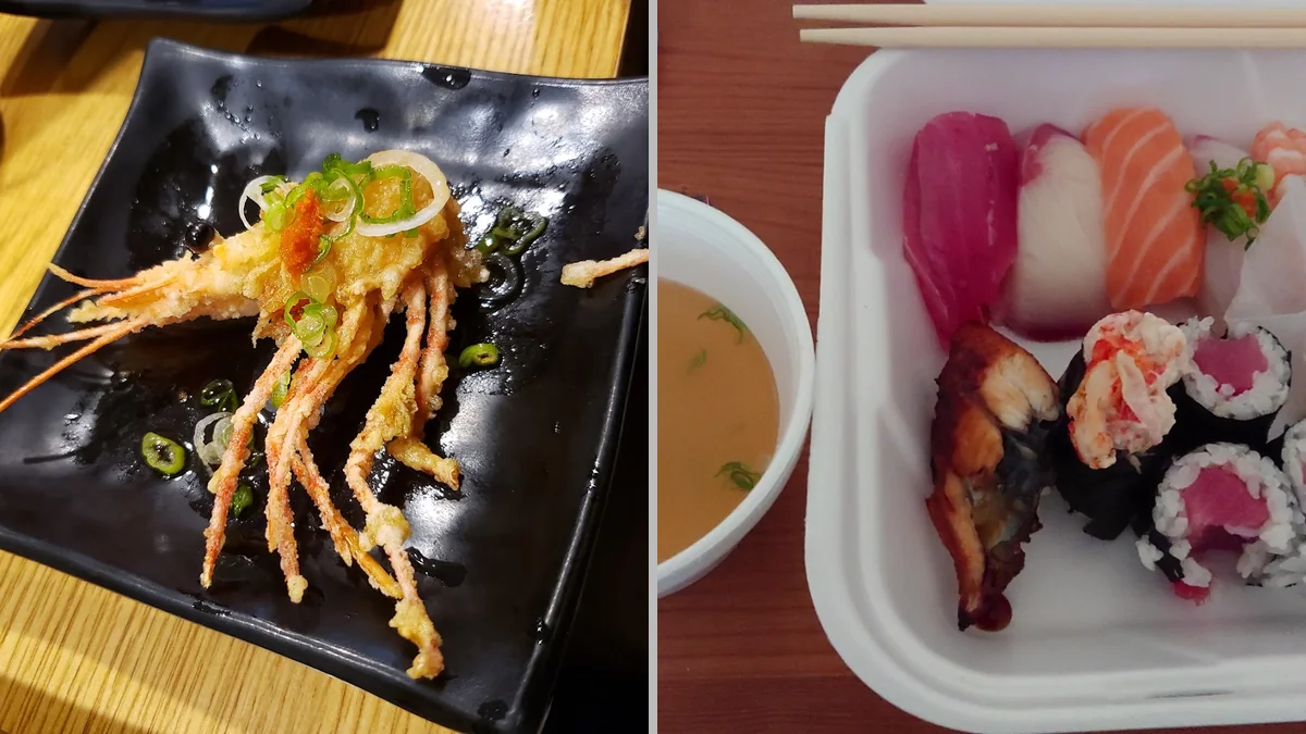 Small plates and sushi on white dishes.