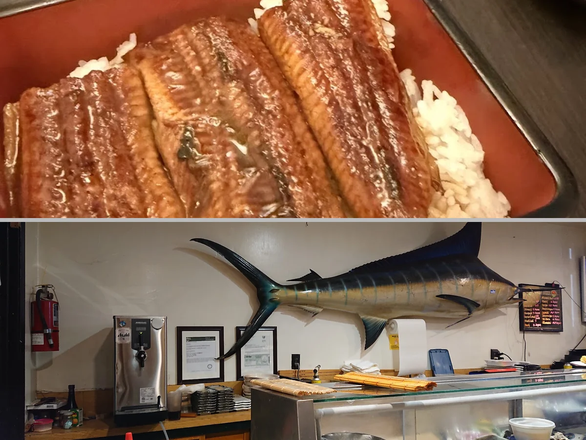 Small plates and sushi on white dishes.