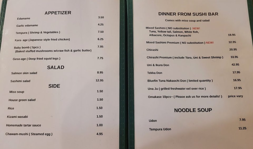 Printed menu page with sushi and sashimi sections.