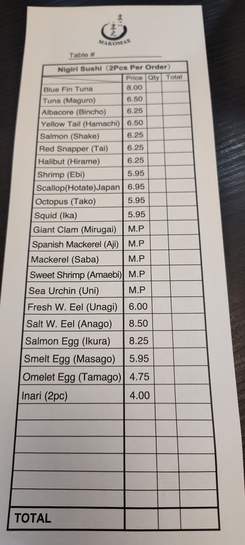 Menu layout showing nigiri, rolls, and sides.